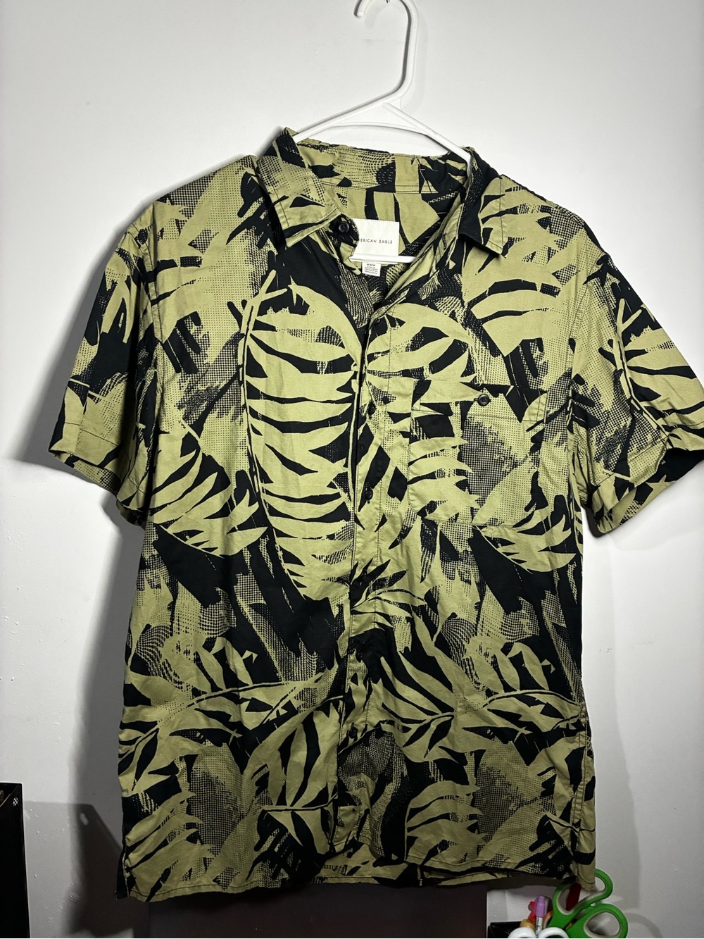 American Eagle Outfitters Olive and Black Leaf Print Button-Down Shirt